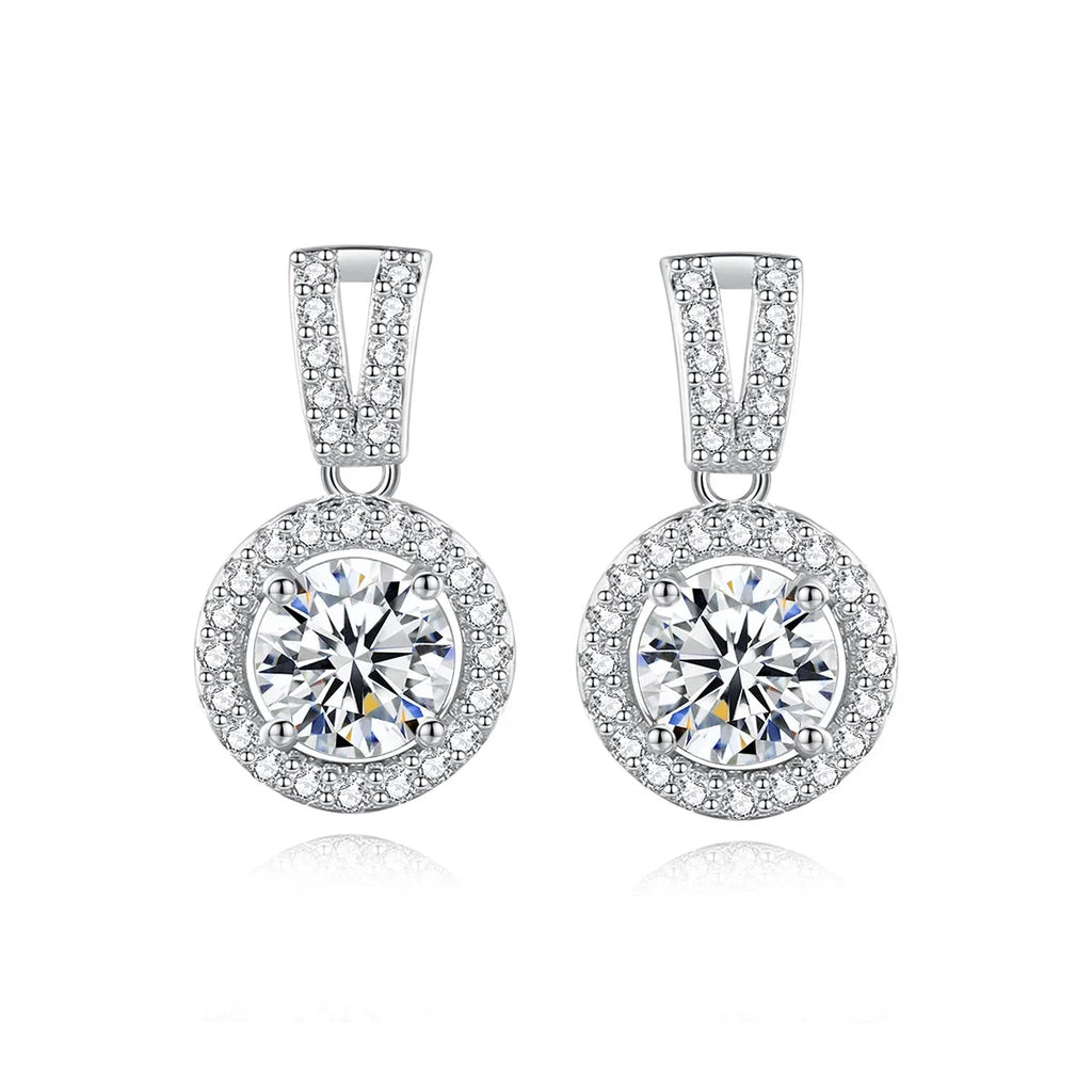 Moissanite Round Halo Drop Earrings in Sterling Silver