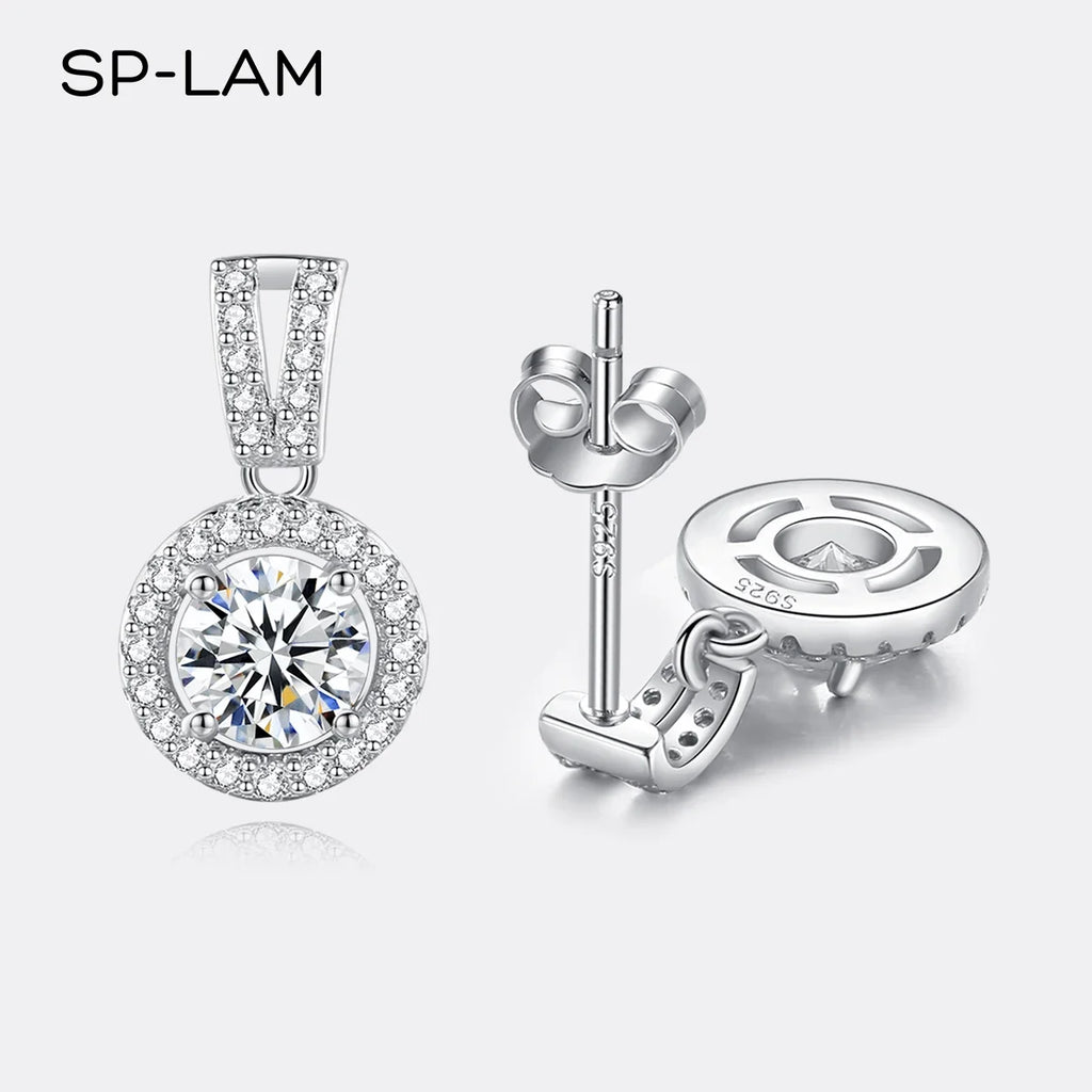 Moissanite Round Halo Drop Earrings in Sterling Silver