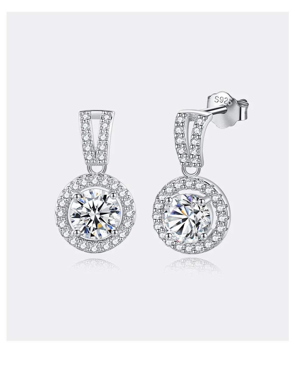 Moissanite Round Halo Drop Earrings in Sterling Silver
