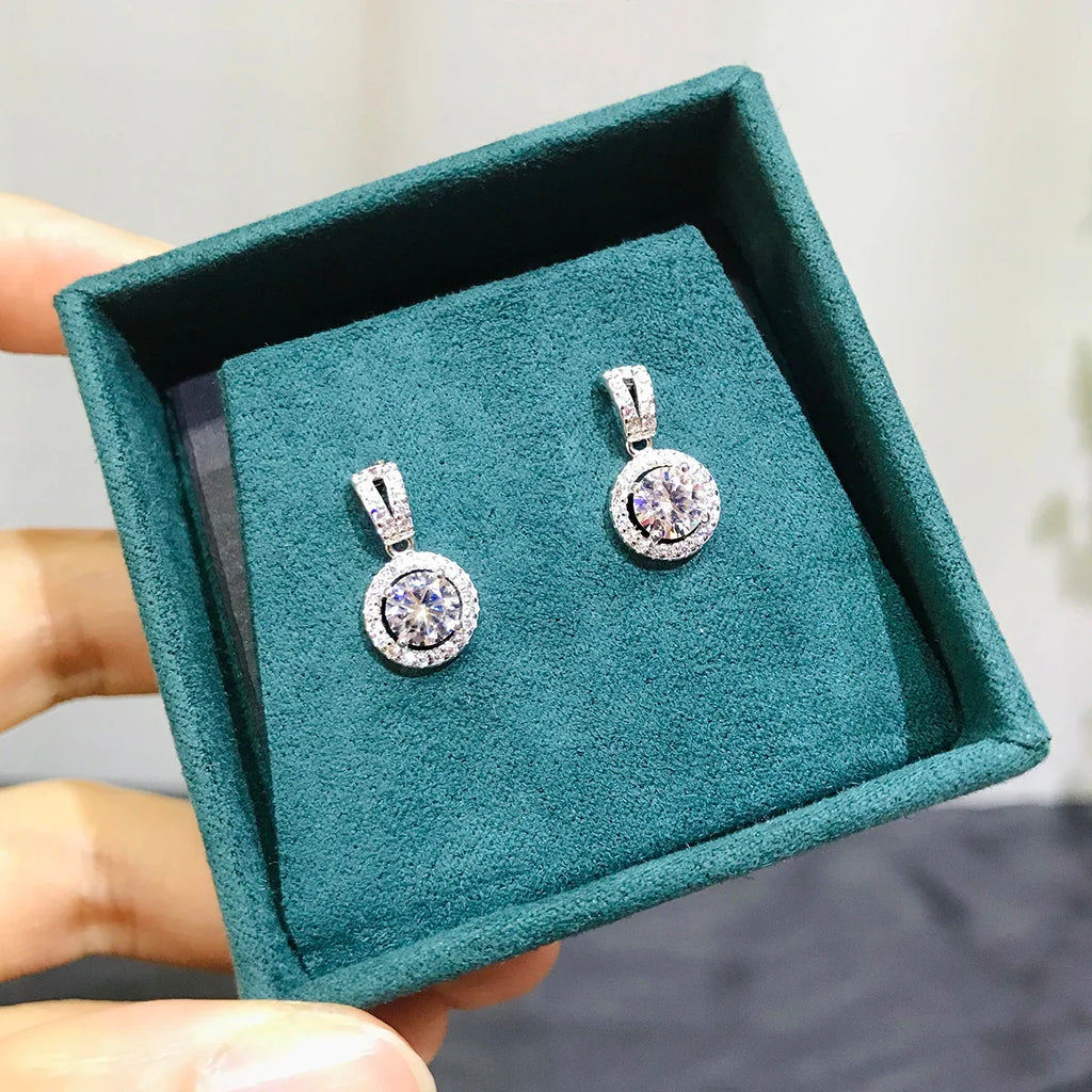 Moissanite Round Halo Drop Earrings in Sterling Silver
