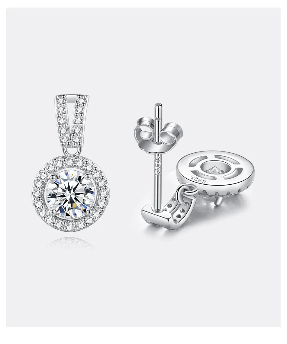 Moissanite Round Halo Drop Earrings in Sterling Silver