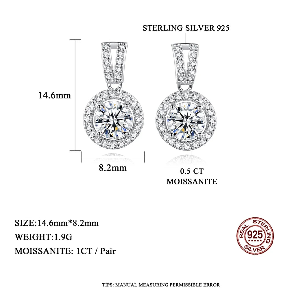 Moissanite Round Halo Drop Earrings in Sterling Silver
