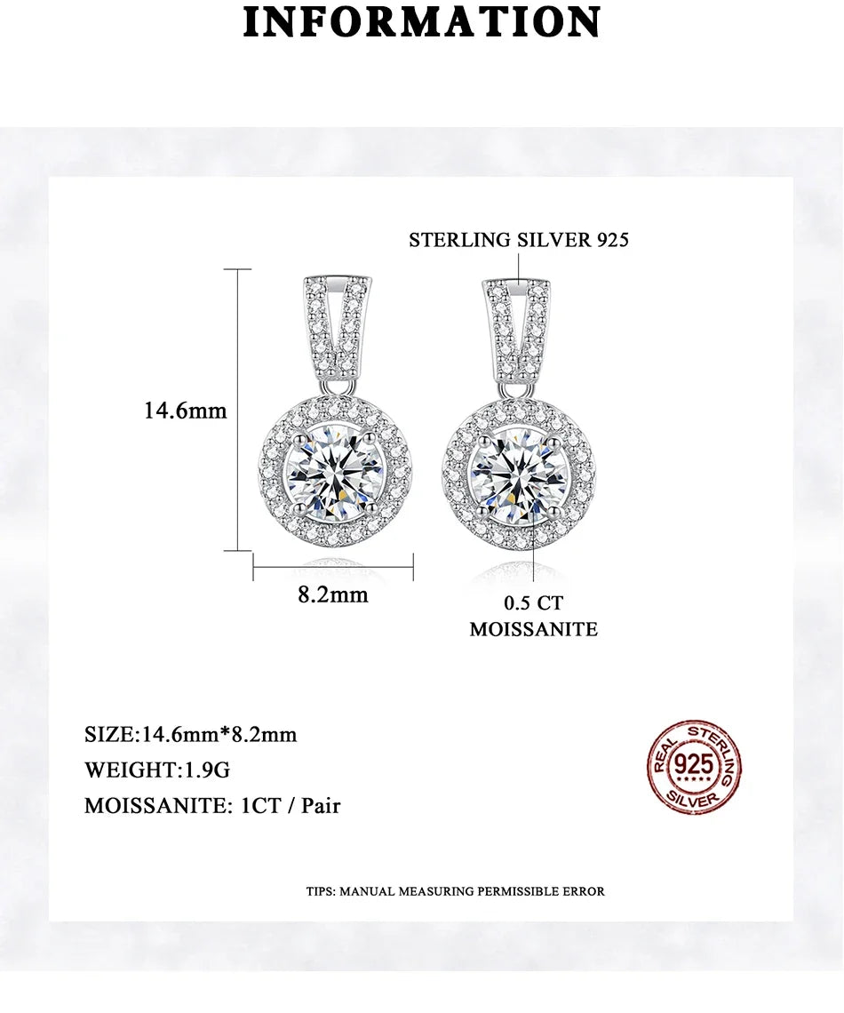 Moissanite Round Halo Drop Earrings in Sterling Silver