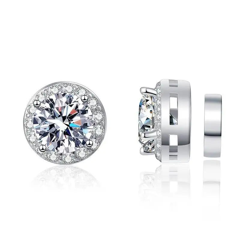 Round Halo Magnetic Moissanite Earrings in Sterling Silver