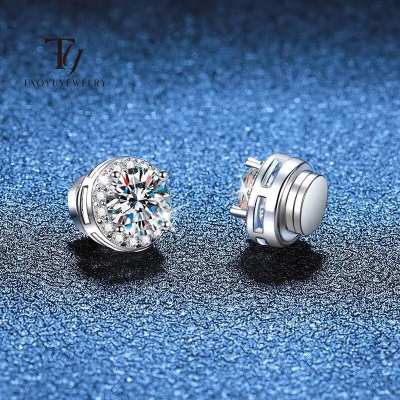 Round Halo Magnetic Moissanite Earrings in Sterling Silver