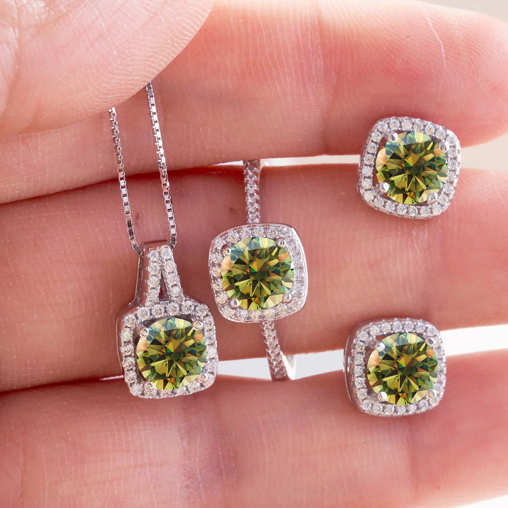 Cushion Halo Moissanite Ring, Stud Earrings & Necklace Set