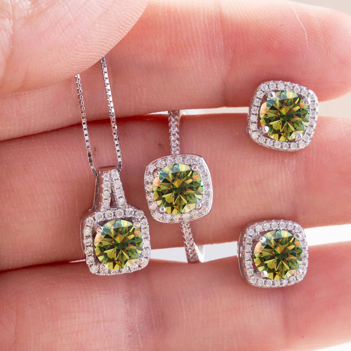 Cushion Halo Moissanite Ring, Stud Earrings & Necklace Set