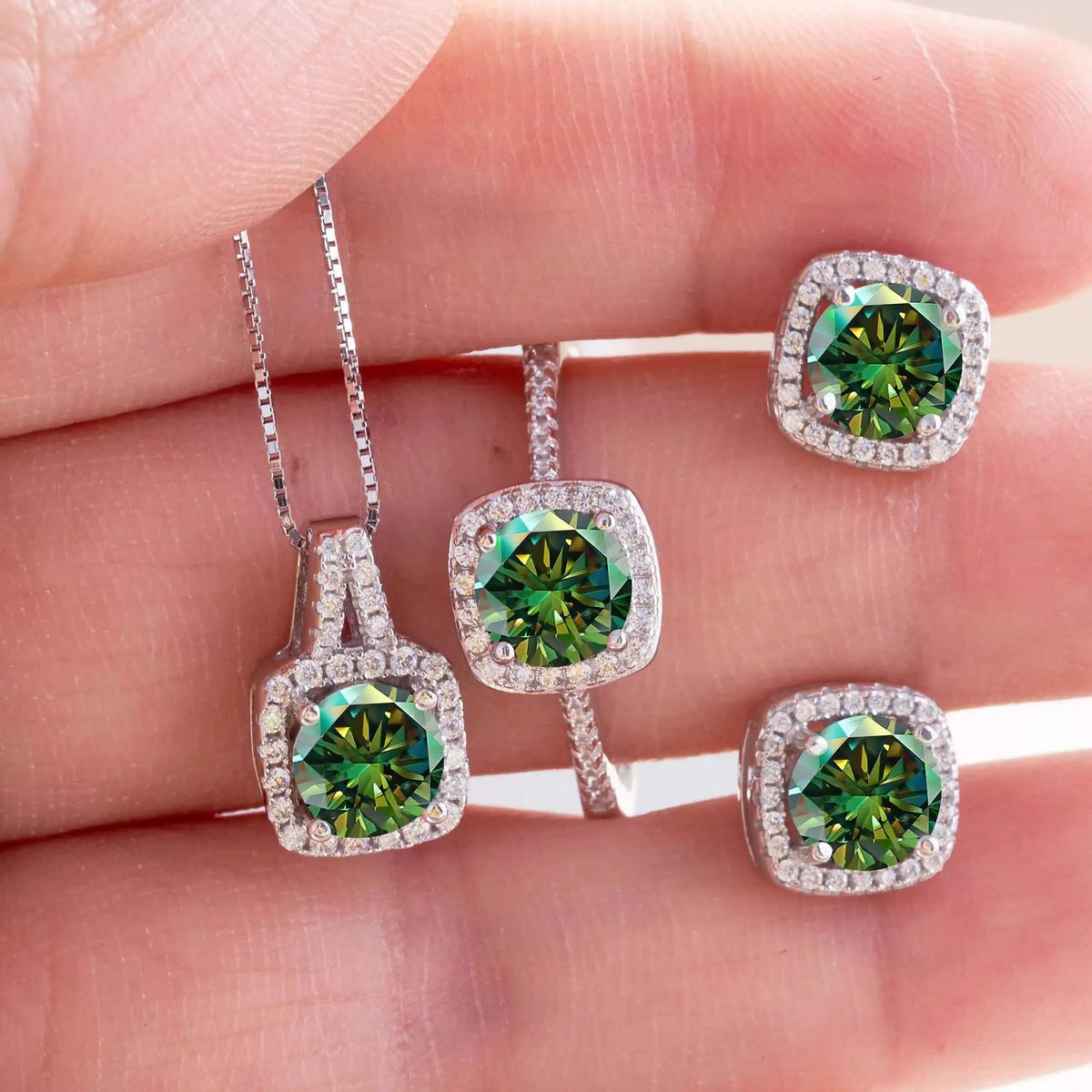 Cushion Halo Moissanite Ring, Stud Earrings & Necklace Set