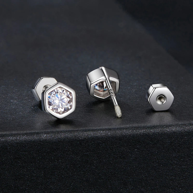 Moissanite Hexagon Bezel Screw-Back Stud Earrings