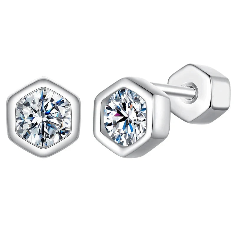 Moissanite Hexagon Bezel Screw-Back Stud Earrings