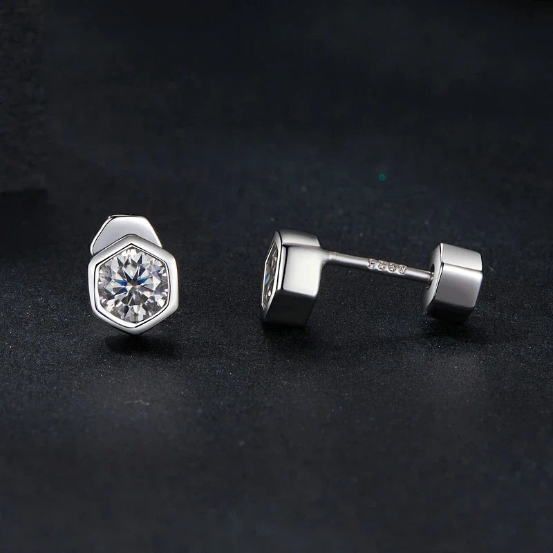 Moissanite Hexagon Bezel Screw-Back Stud Earrings