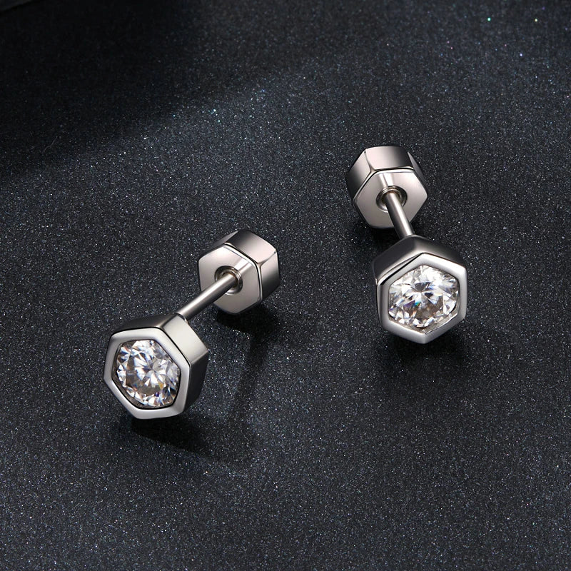 Moissanite Hexagon Bezel Screw-Back Stud Earrings