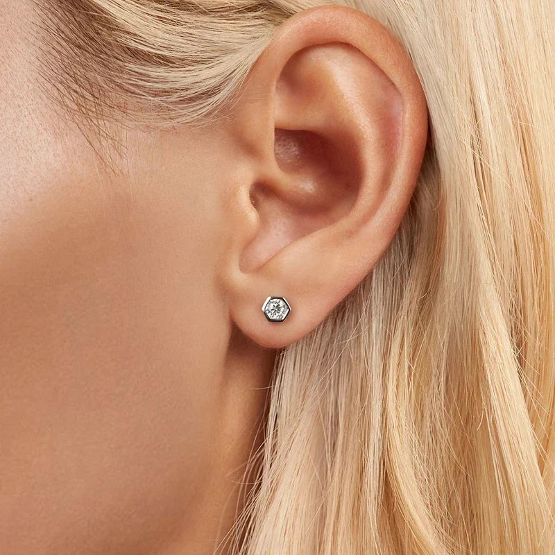 Moissanite Hexagon Bezel Screw-Back Stud Earrings
