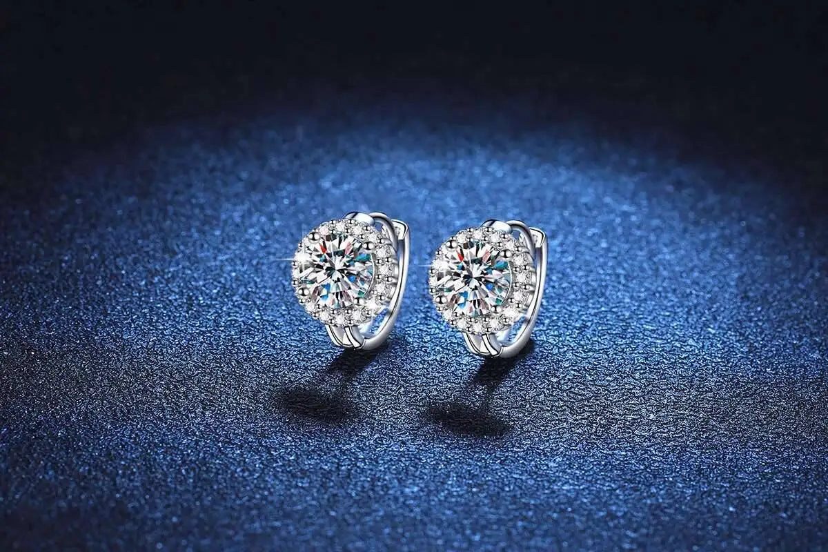 Round Halo Moissanite Hoop Earrings in 925 Sterling Silver