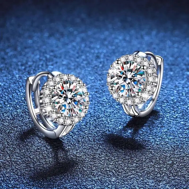 Round Halo Moissanite Hoop Earrings in 925 Sterling Silver