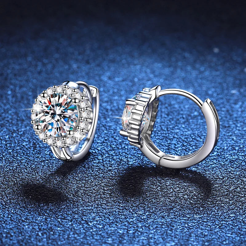 Round Halo Moissanite Hoop Earrings in 925 Sterling Silver