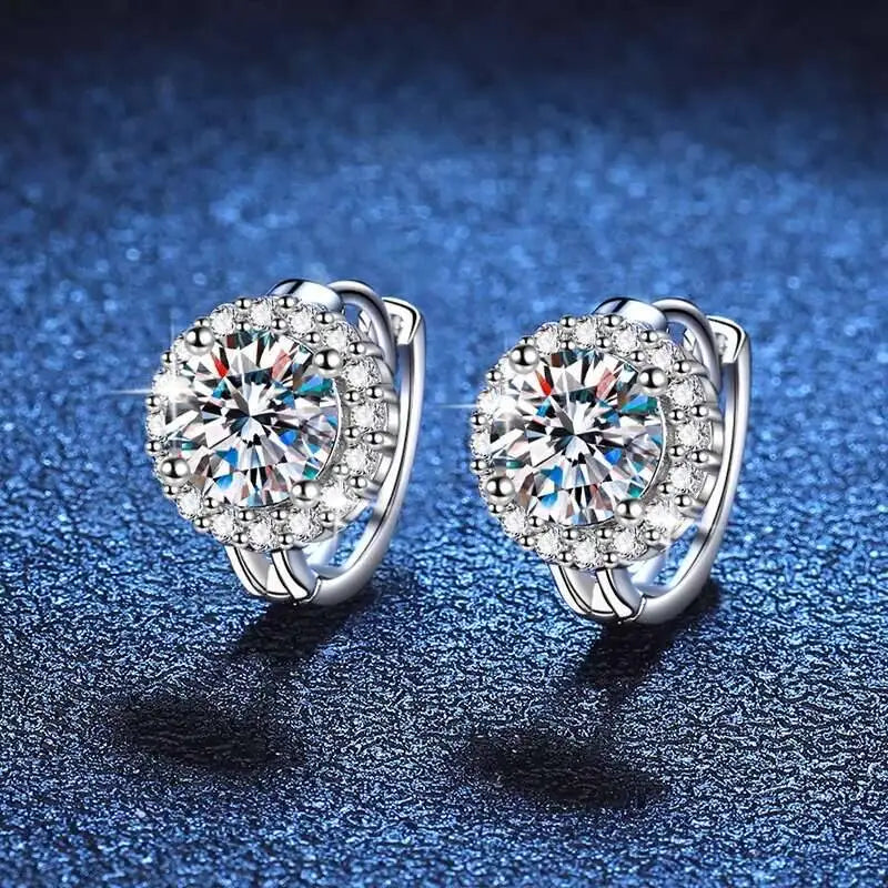 Round Halo Moissanite Hoop Earrings in 925 Sterling Silver