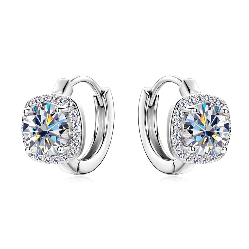 Cushion Halo Moissanite Huggie Earrings in Sterling Silver