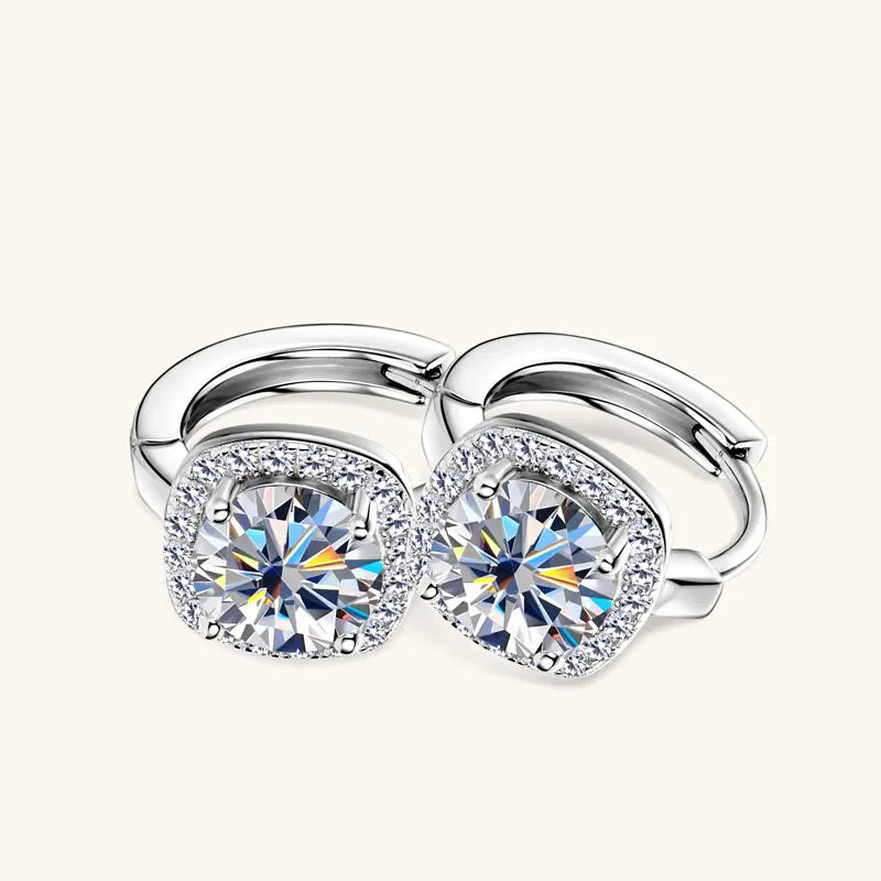 Cushion Halo Moissanite Huggie Earrings in Sterling Silver