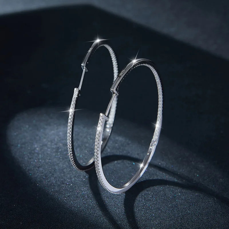 Moissanite Hoop Earrings in Sterling Silver - 30mm or 50mm