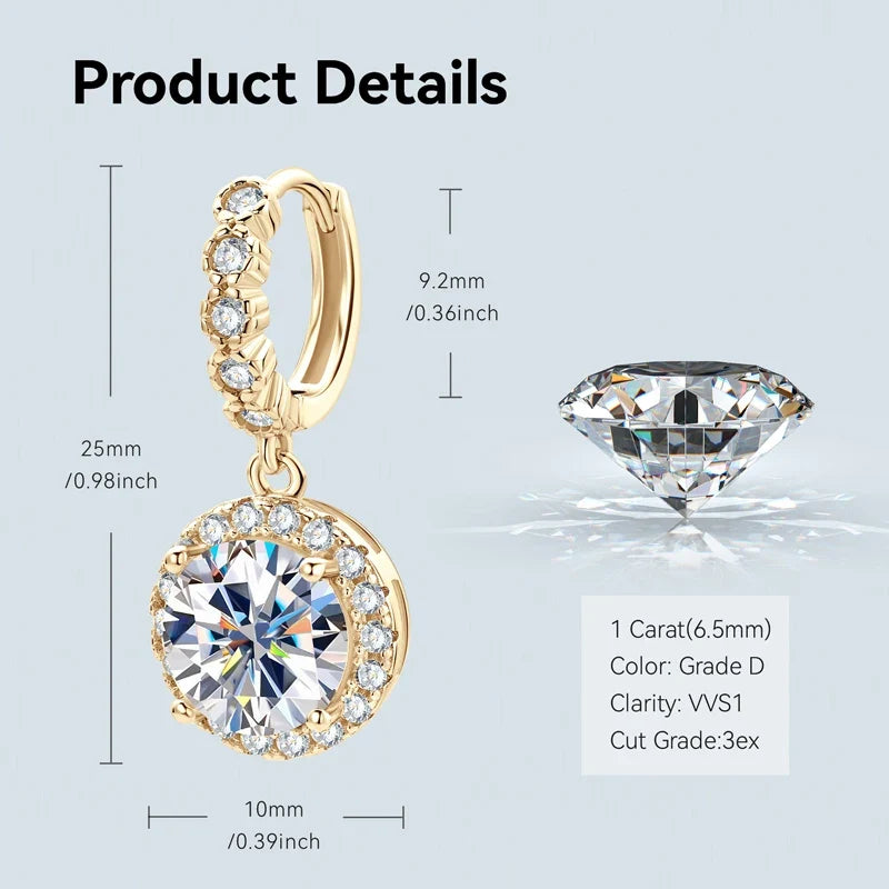 Round Halo Moissanite Huggie Drop Earrings in Sterling Silver