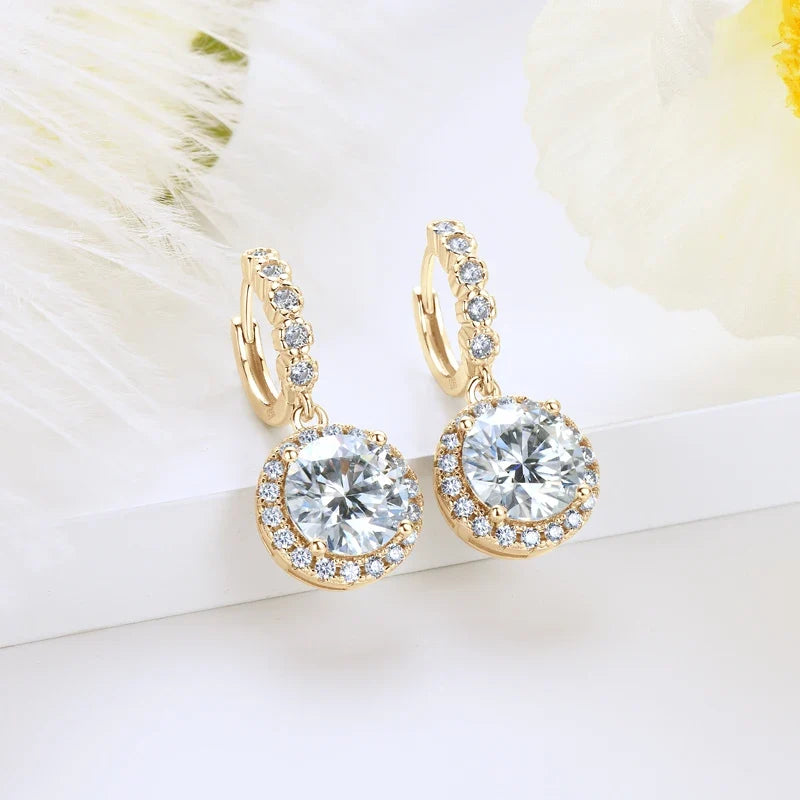 Round Halo Moissanite Huggie Drop Earrings in Sterling Silver