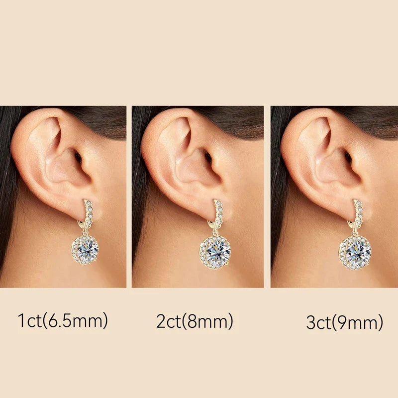 Round Halo Moissanite Huggie Drop Earrings in Sterling Silver