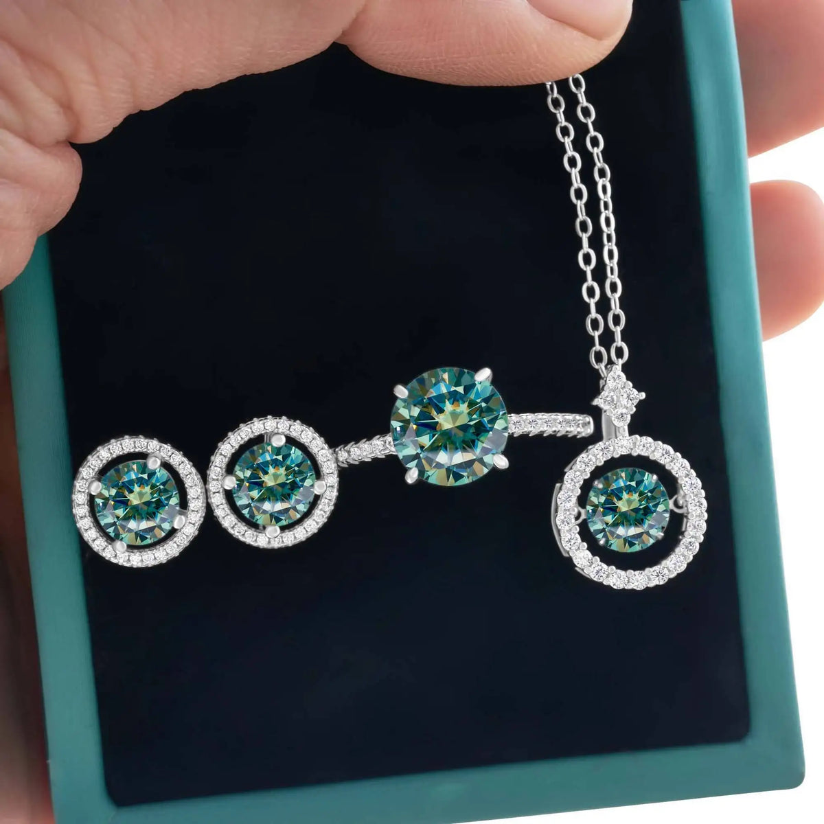 Moissanite Halo Necklace & Earrings with Solitaire Ring Set