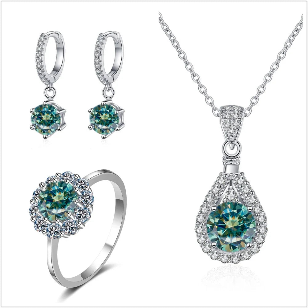 Colorful Halo Moissanite Ring, Drop Earrings & Necklace Set