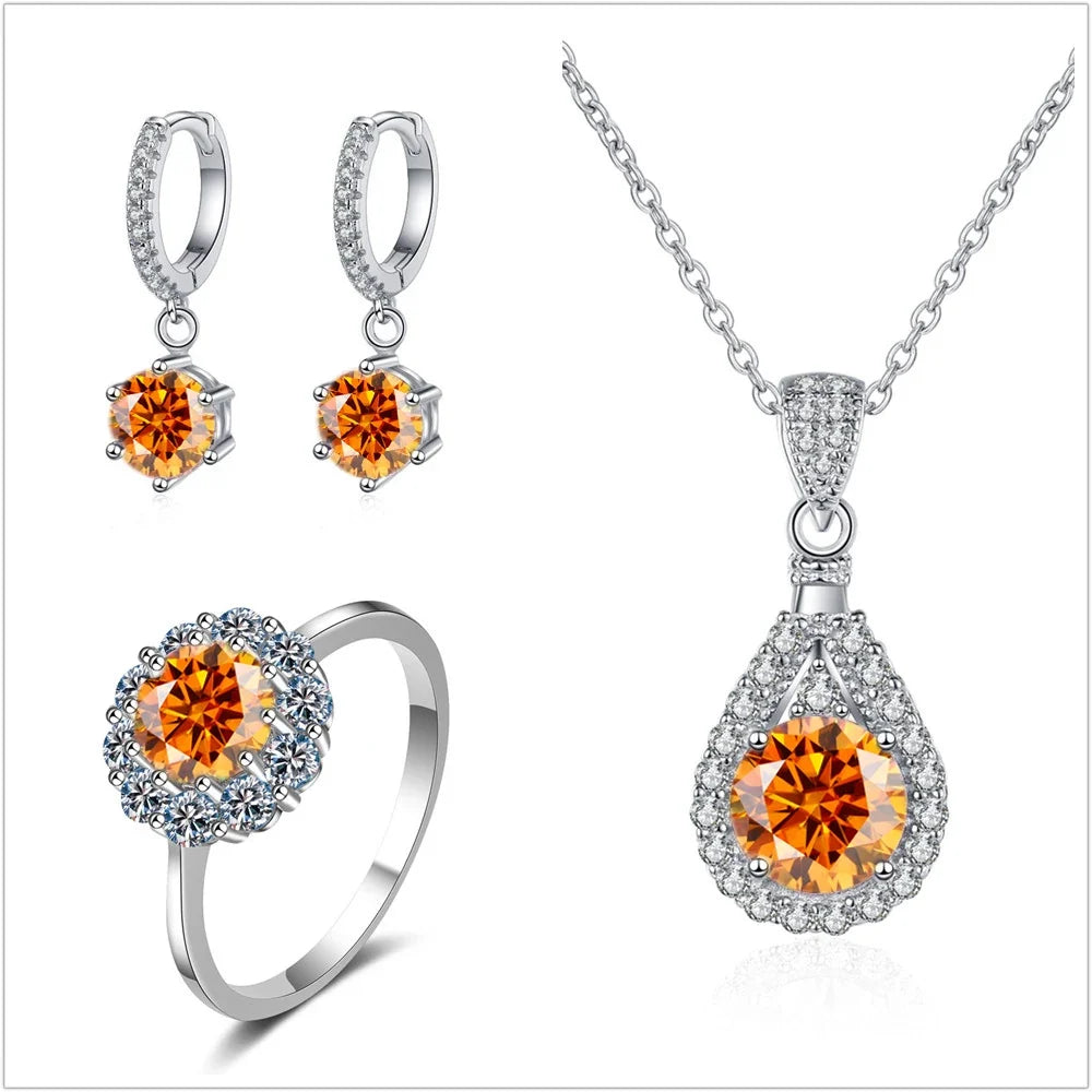 Colorful Halo Moissanite Ring, Drop Earrings & Necklace Set