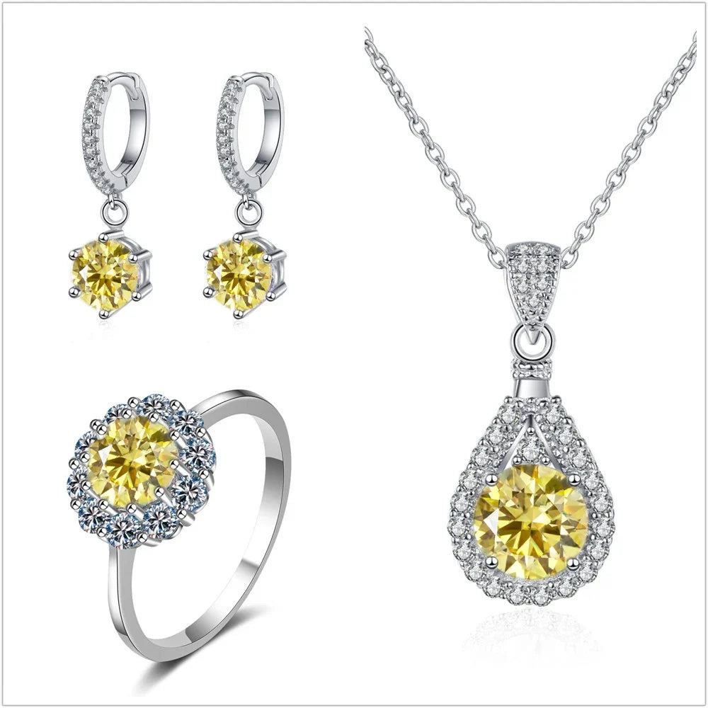 Colorful Halo Moissanite Ring, Drop Earrings & Necklace Set