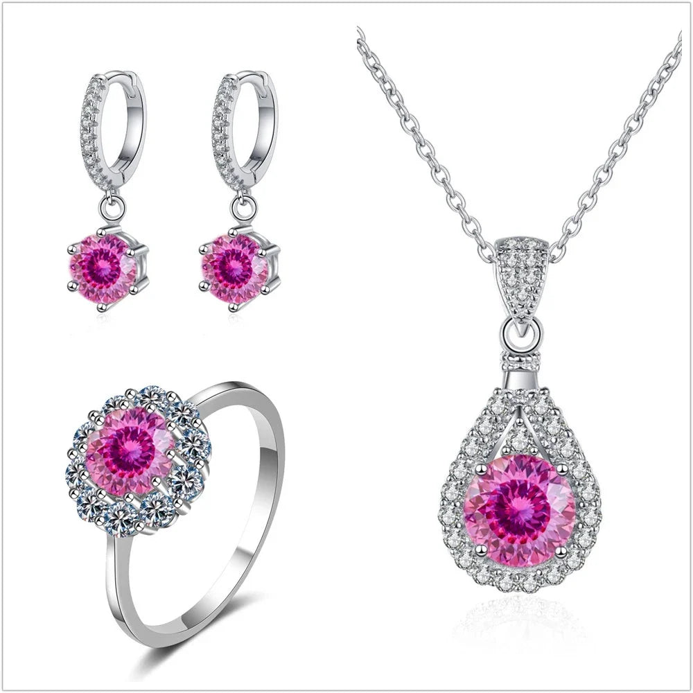 Colorful Halo Moissanite Ring, Drop Earrings & Necklace Set