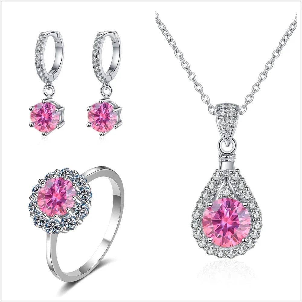 Colorful Halo Moissanite Ring, Drop Earrings & Necklace Set