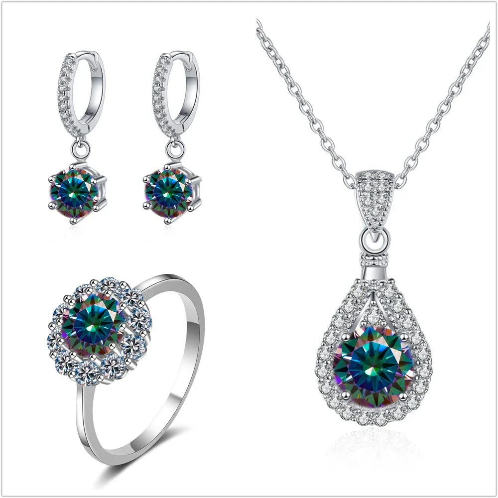 Colorful Halo Moissanite Ring, Drop Earrings & Necklace Set
