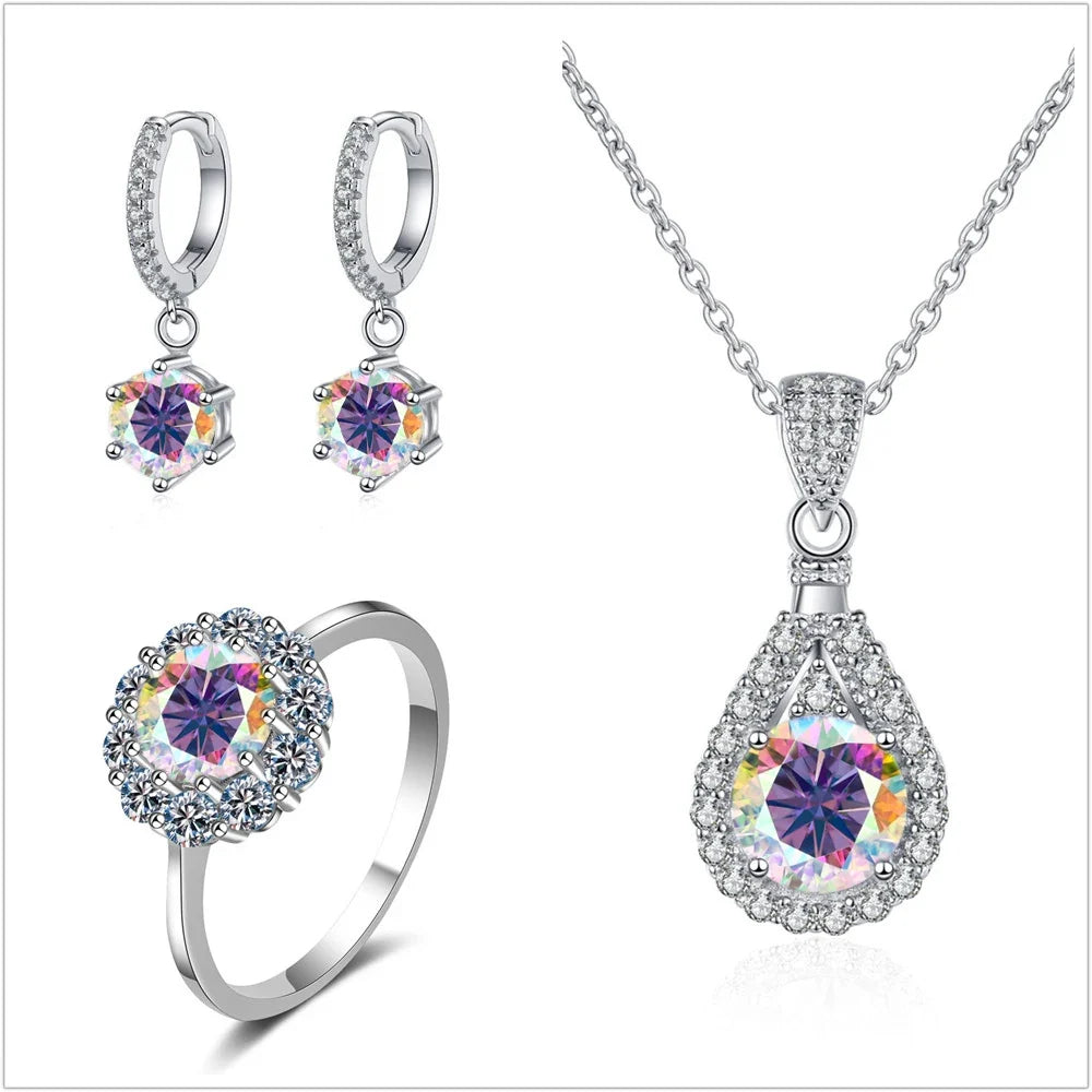 Colorful Halo Moissanite Ring, Drop Earrings & Necklace Set
