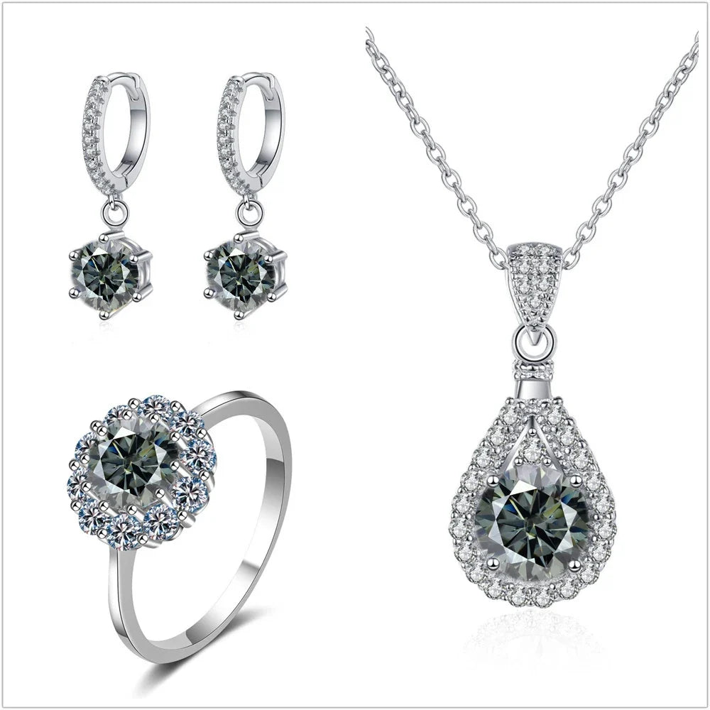Colorful Halo Moissanite Ring, Drop Earrings & Necklace Set