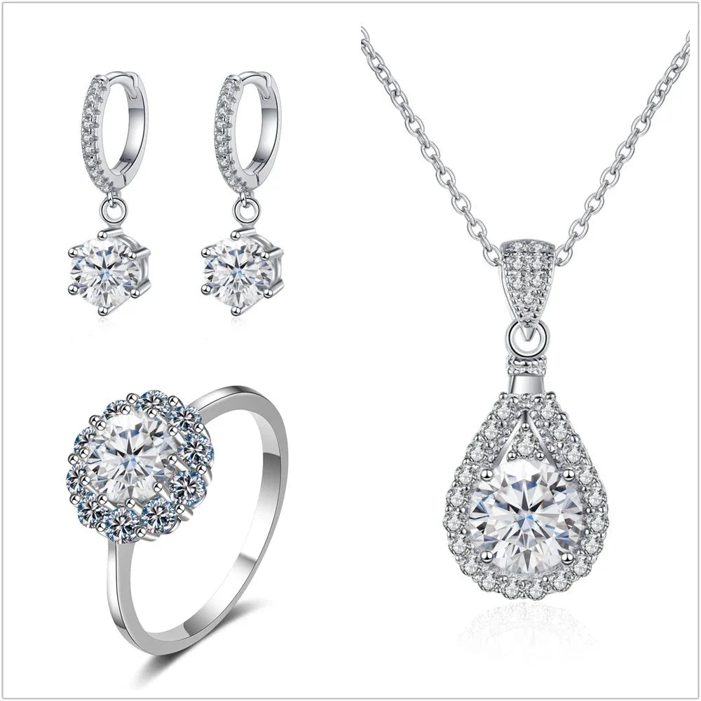 Colorful Halo Moissanite Ring, Drop Earrings & Necklace Set
