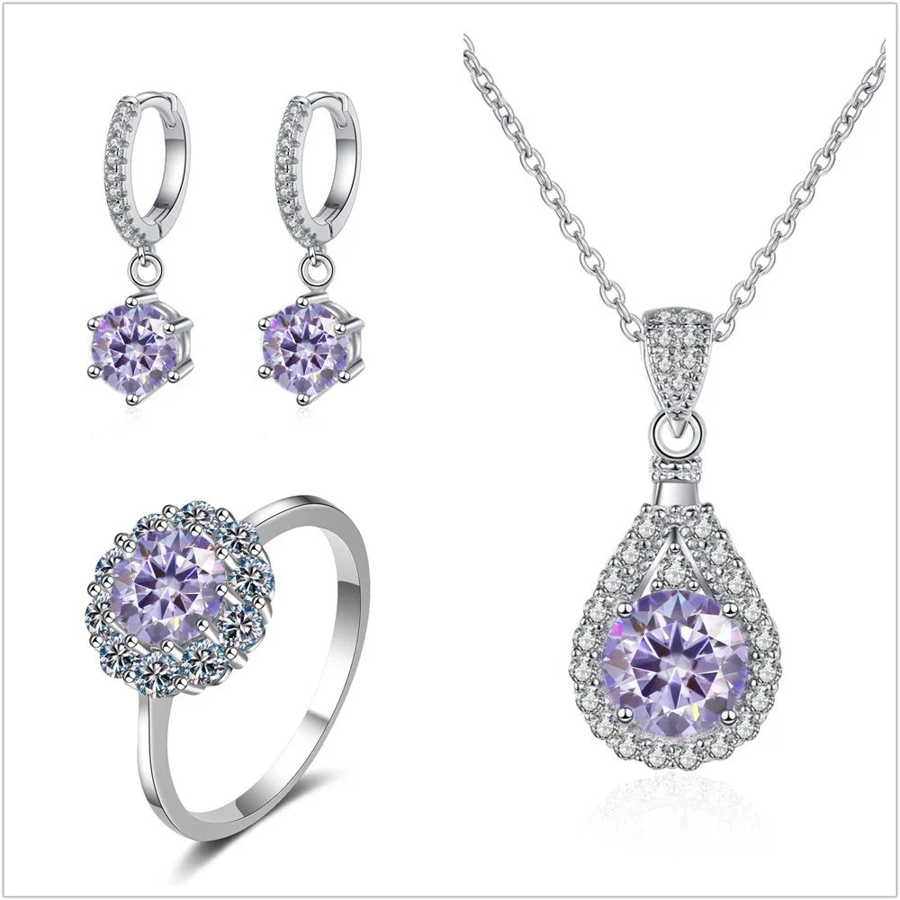 Colorful Halo Moissanite Ring, Drop Earrings & Necklace Set