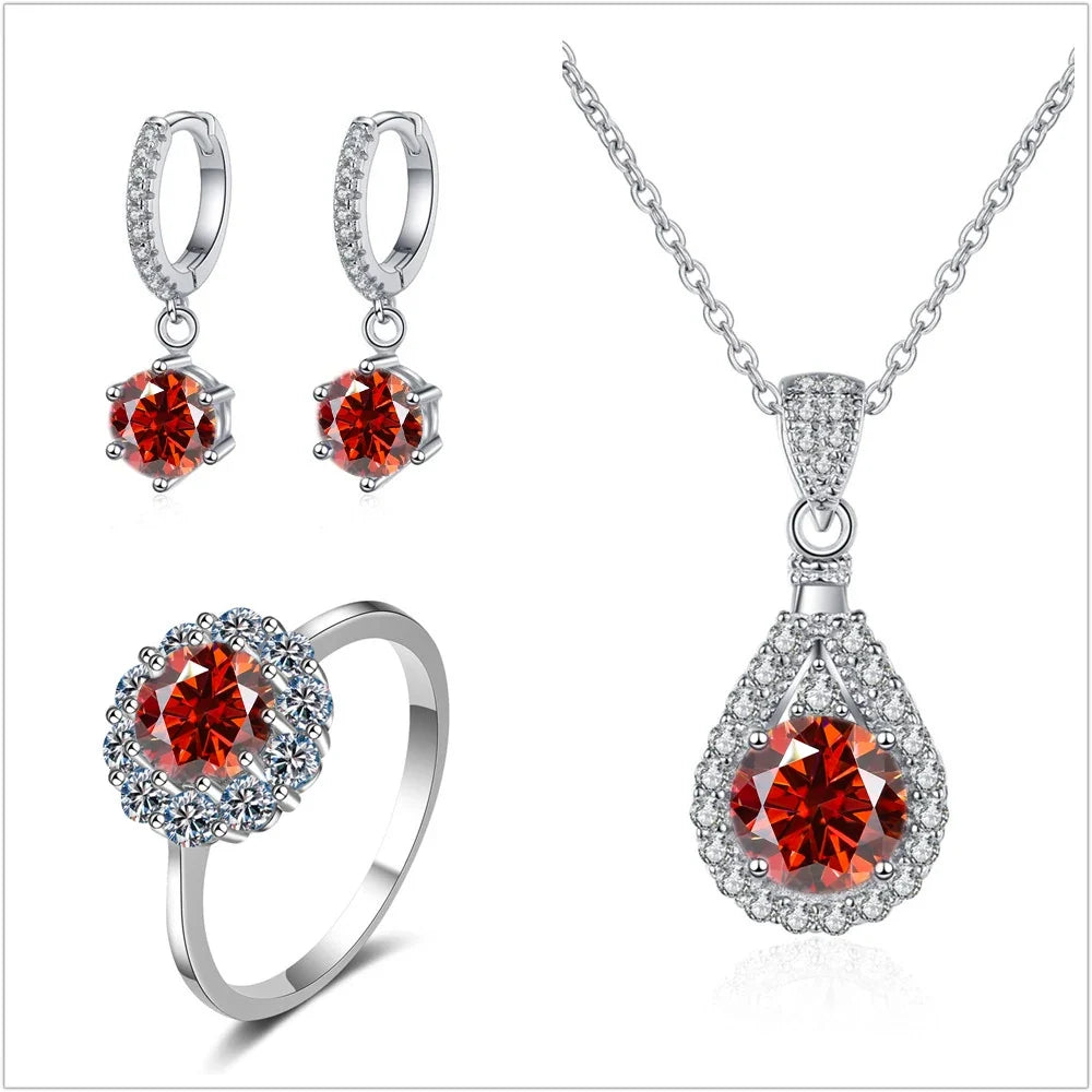 Colorful Halo Moissanite Ring, Drop Earrings & Necklace Set