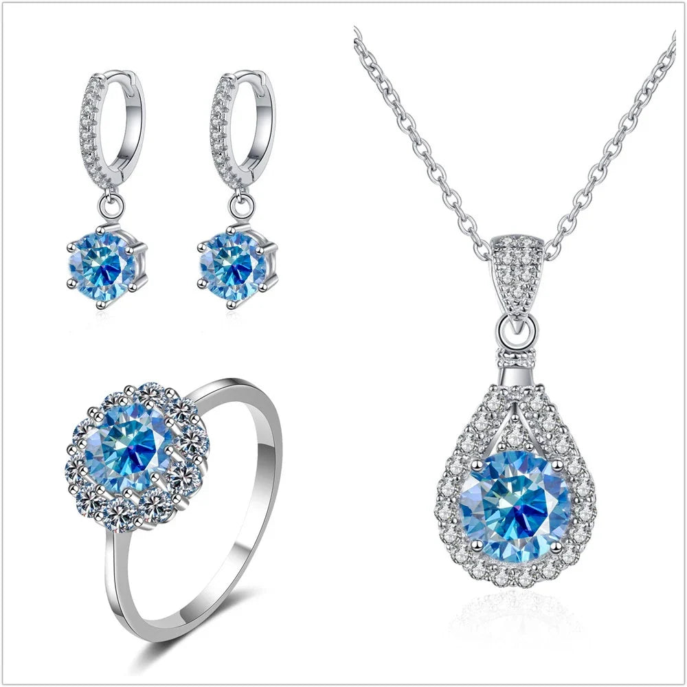 Colorful Halo Moissanite Ring, Drop Earrings & Necklace Set