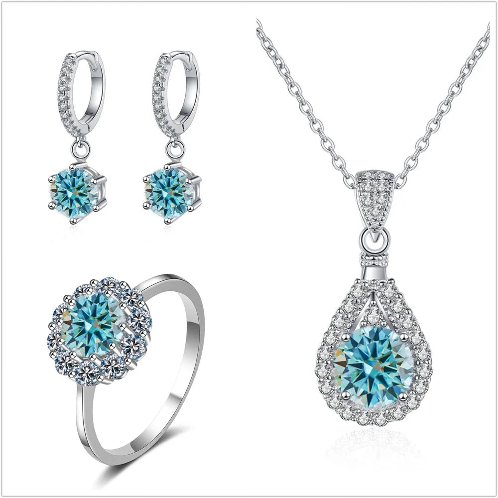 Colorful Halo Moissanite Ring, Drop Earrings & Necklace Set