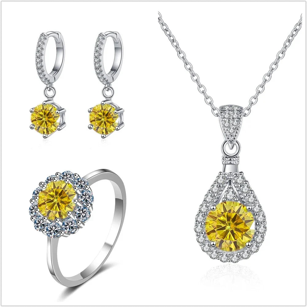 Colorful Halo Moissanite Ring, Drop Earrings & Necklace Set