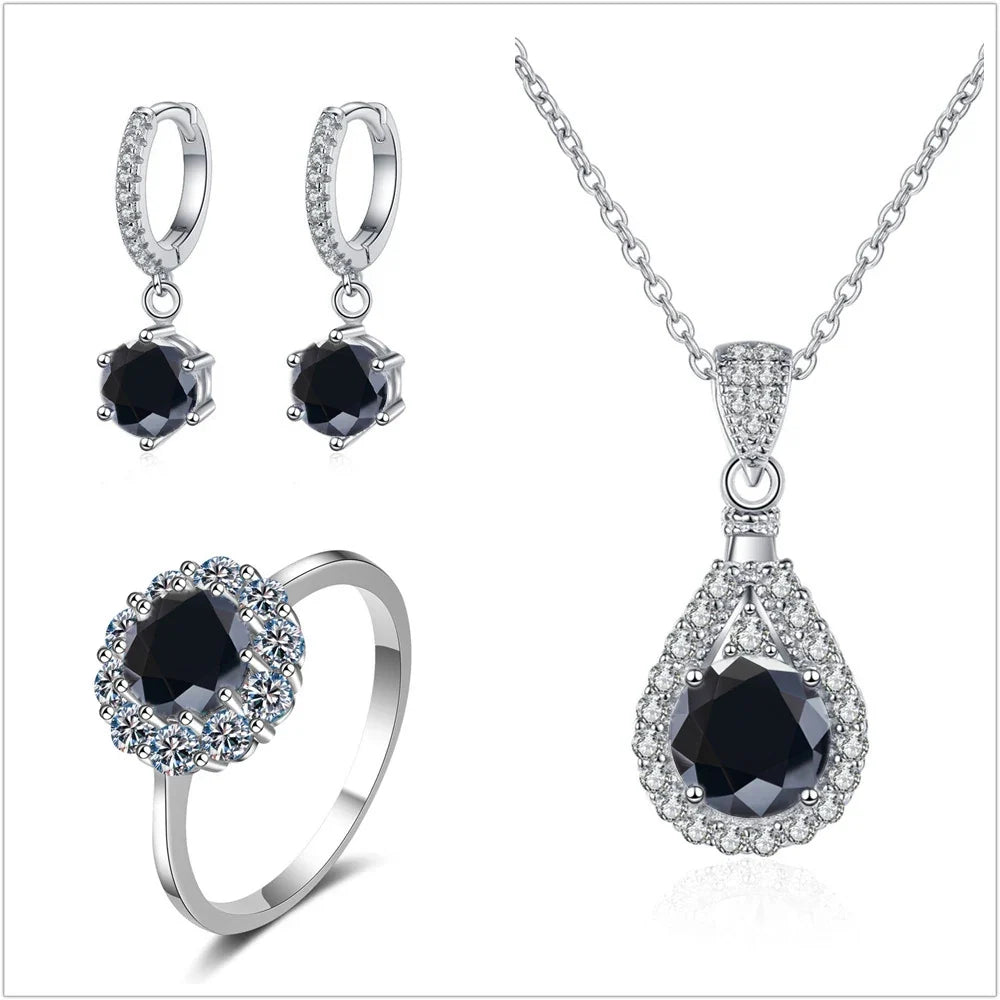 Colorful Halo Moissanite Ring, Drop Earrings & Necklace Set