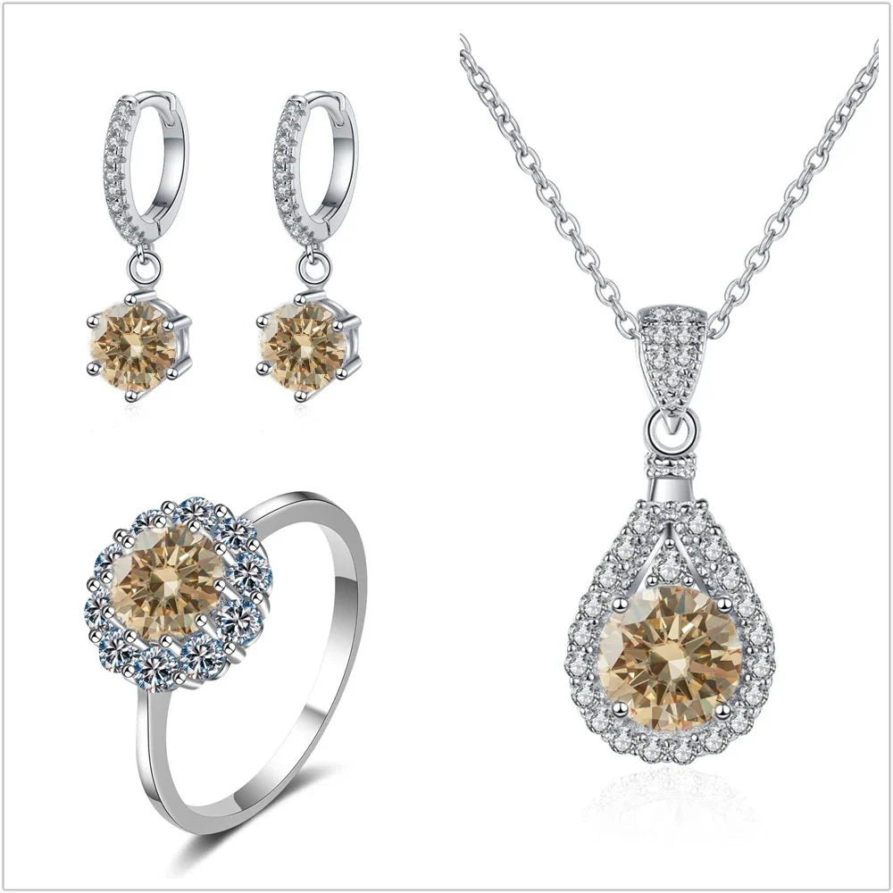 Colorful Halo Moissanite Ring, Drop Earrings & Necklace Set