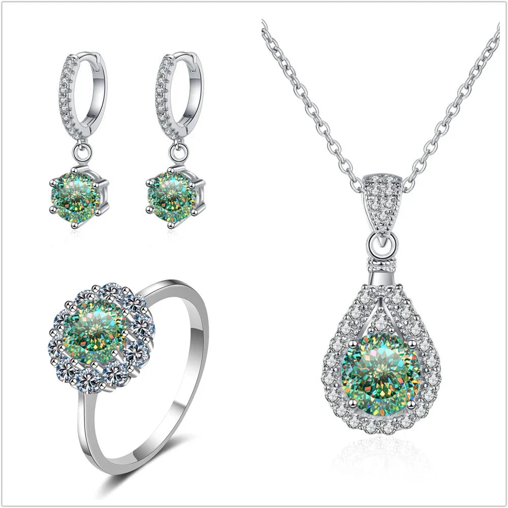 Colorful Halo Moissanite Ring, Drop Earrings & Necklace Set