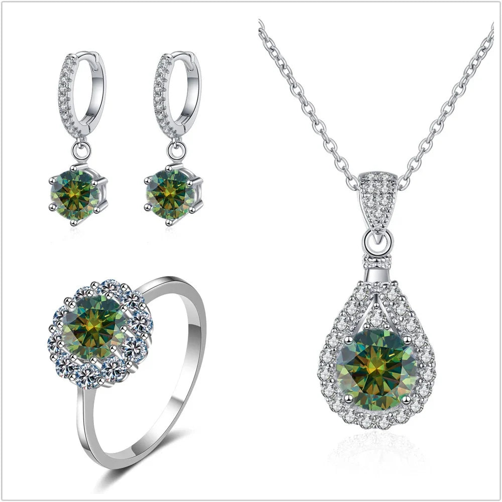 Colorful Halo Moissanite Ring, Drop Earrings & Necklace Set