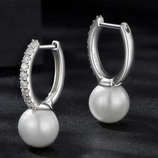 Moissanite Shell Pearl Drop Hoop Earrings in Sterling Silver
