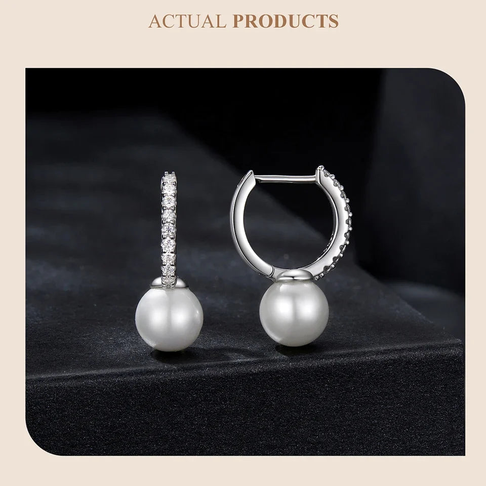 Moissanite Shell Pearl Drop Hoop Earrings in Sterling Silver