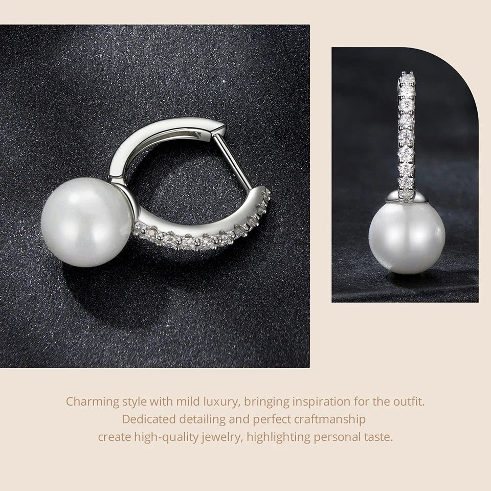 Moissanite Shell Pearl Drop Hoop Earrings in Sterling Silver