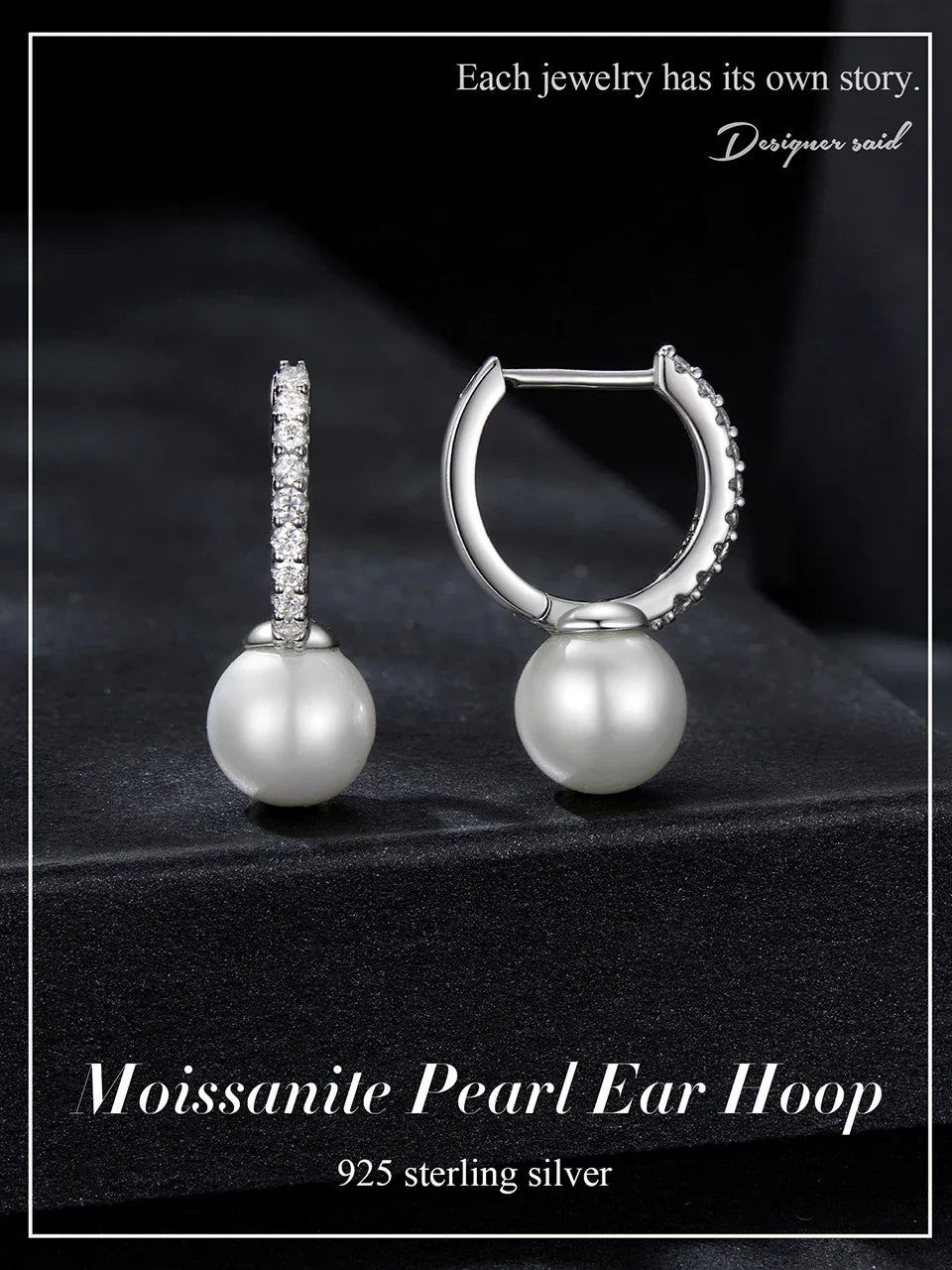 Moissanite Shell Pearl Drop Hoop Earrings in Sterling Silver